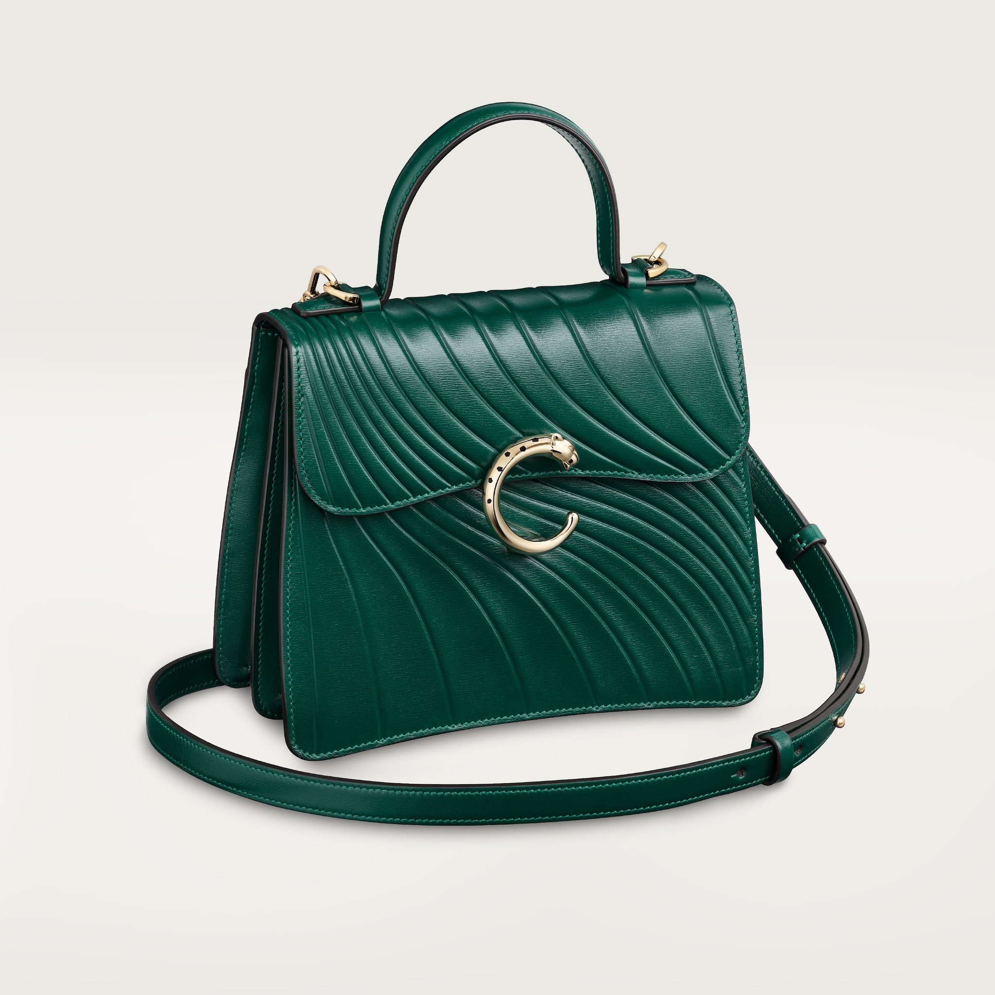 Handle bag mini model, Panthère de CartierEmerald green calfskin, embossed Cartier signature motif, golden finish