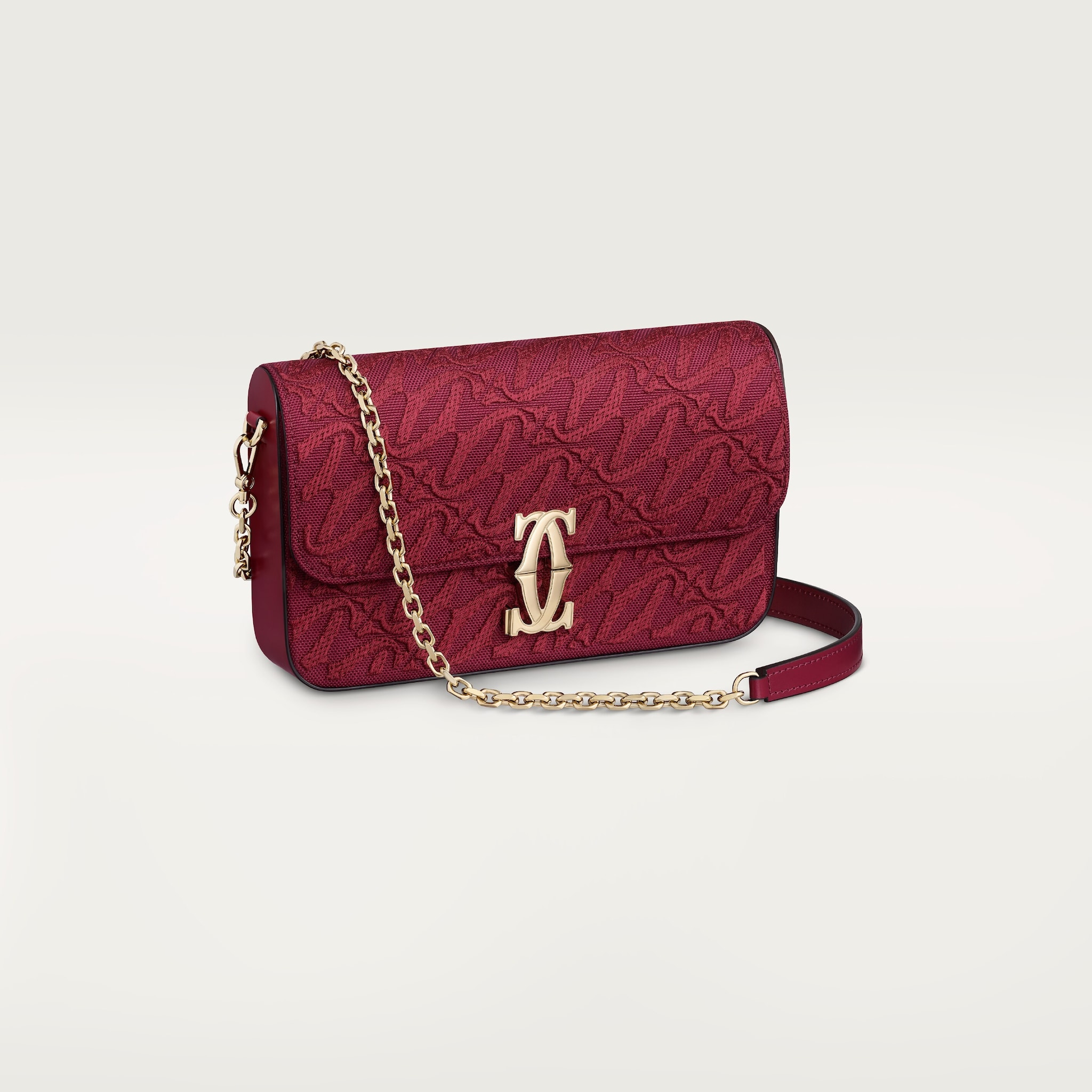 Mini chain bag, C de CartierEmbroidery and cherry red calfskin, golden finish