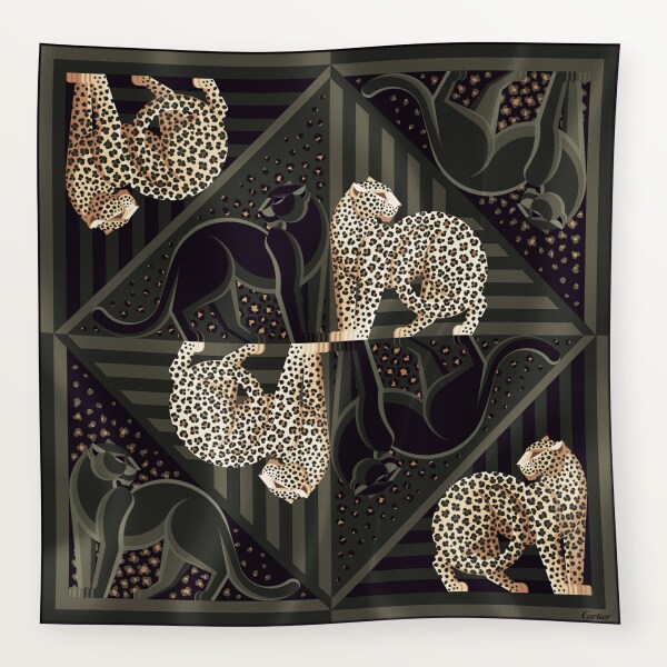90 scarf, Panthère Illusion Green tea silk twill