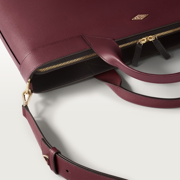 纖巧公文包，Cartier Losange 酒紅色粒面小牛皮，金色飾面及琺瑯