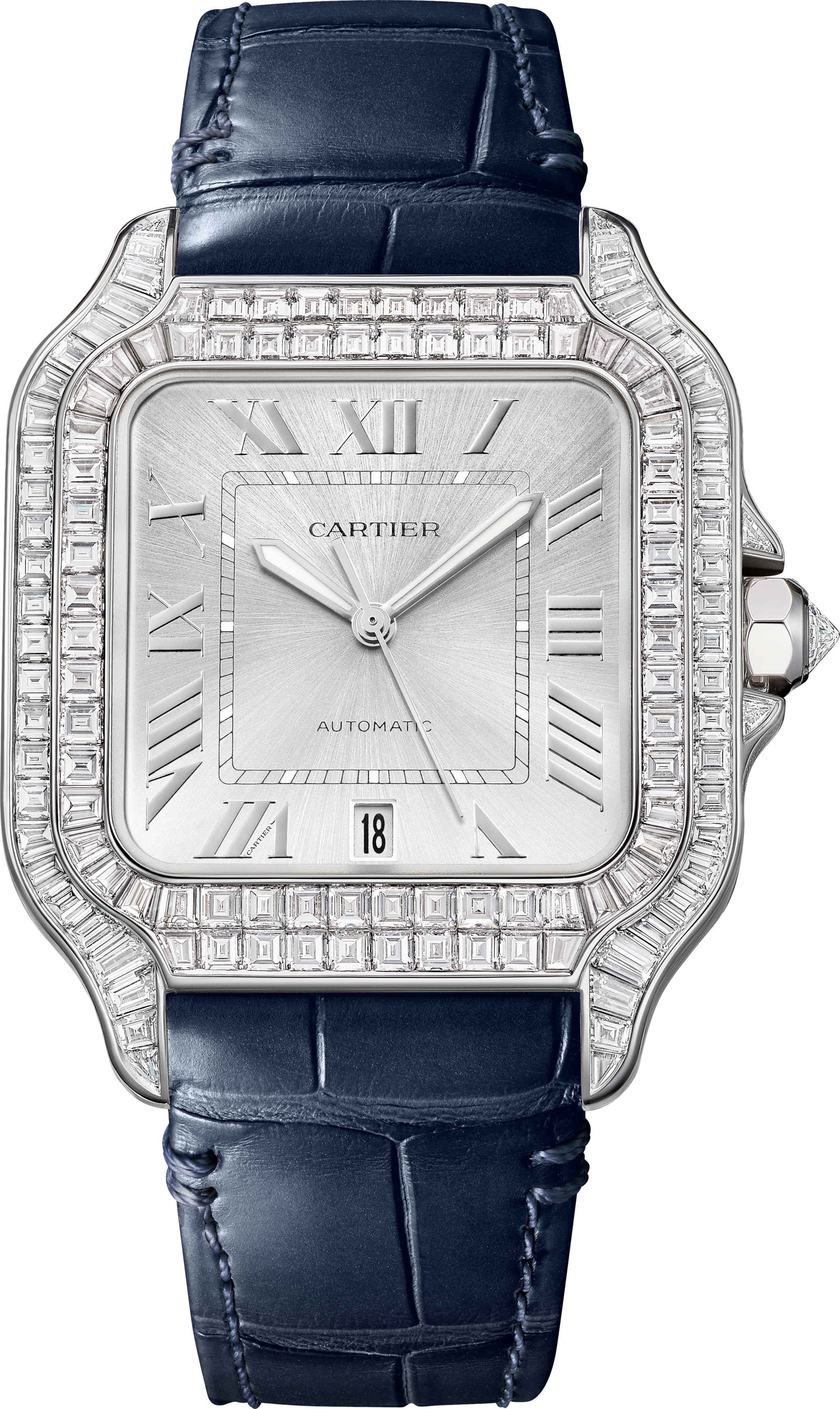 Santos de Cartier 腕錶大型款，自動上鏈機械機芯，白色黃金，鑽石，2條可更換式皮革錶帶