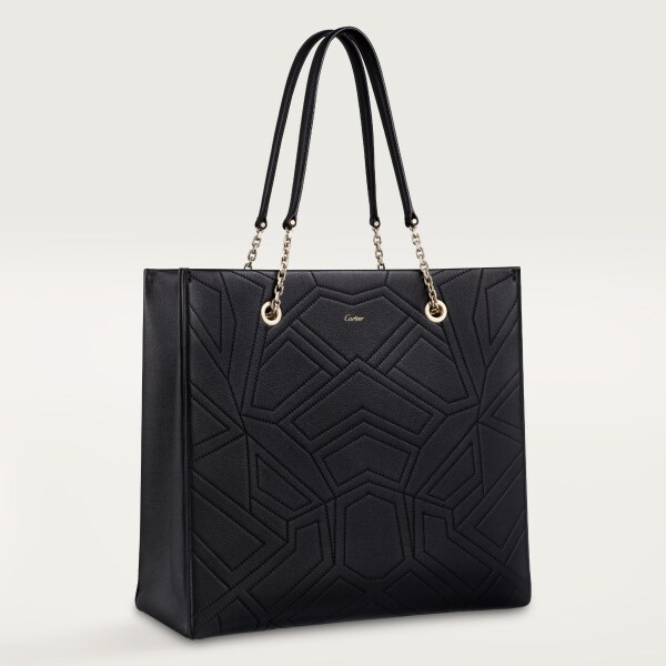 手提袋，Panthère 黑色粒面小牛皮，金色飾面