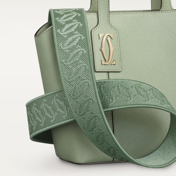 Mini tote bag, C de Cartier Sage green textured calfskin, embroidery, golden finish