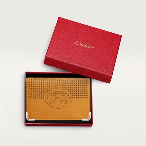 信用卡夾，可容納4張信用卡，Must de Cartier 小茴香黃棕色小牛皮，鍍鈀飾面