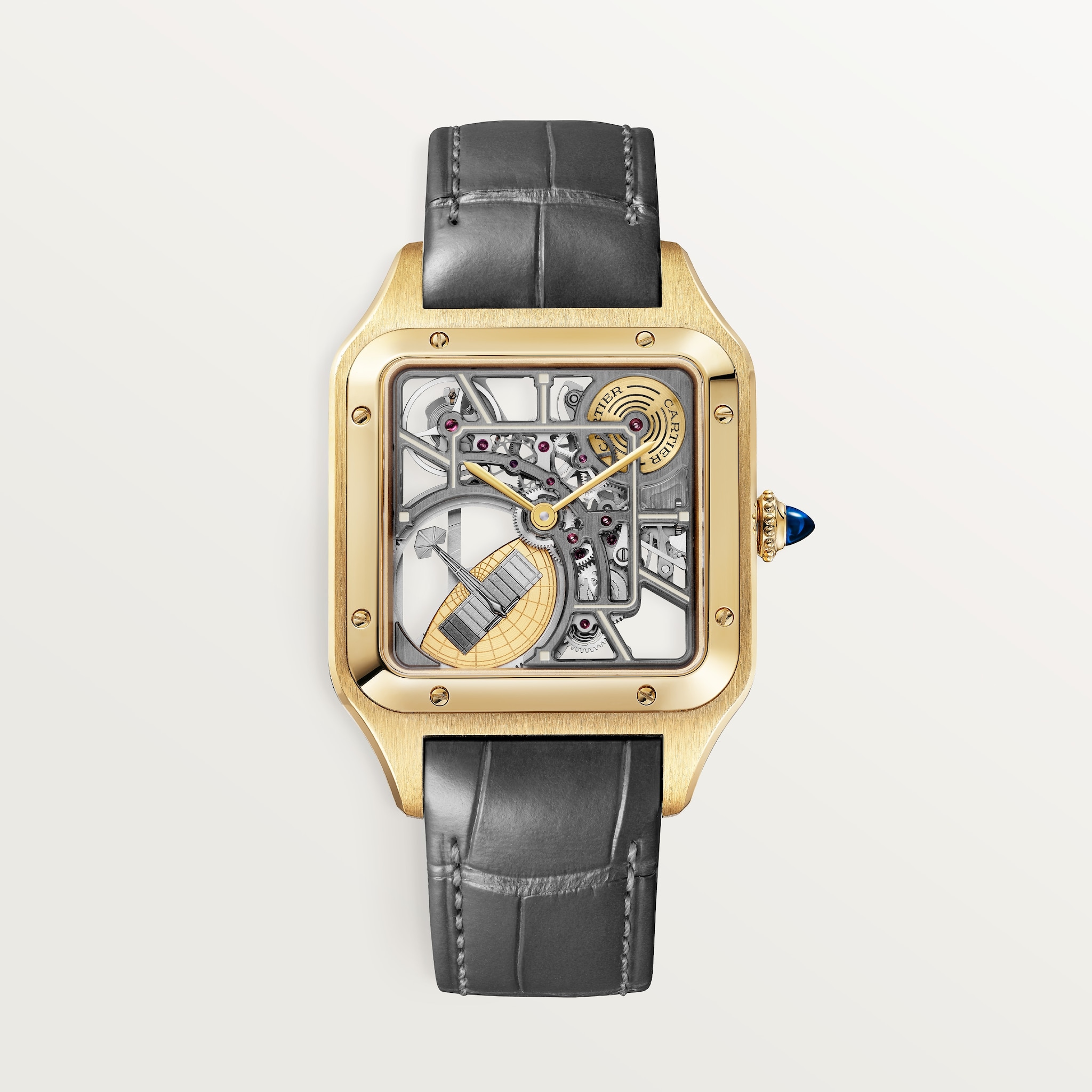 Santos-Dumont 微型擺陀鏤空腕錶大型款，自動上鏈鏤空機械機芯，黃金，2條皮革錶帶