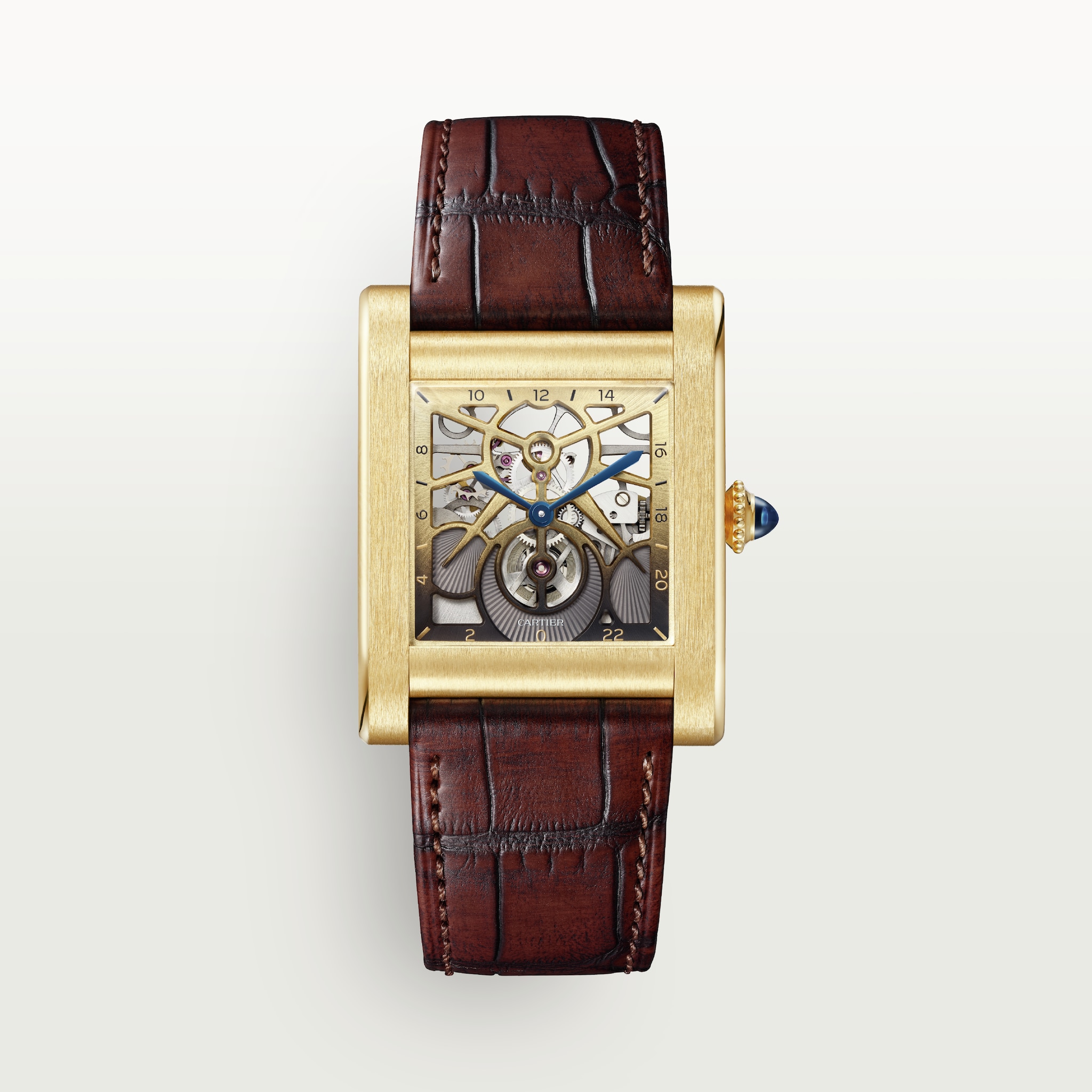 Tank Normale watchLarge model, hand-wound mechanical skeleton movement, yellow gold, leather
