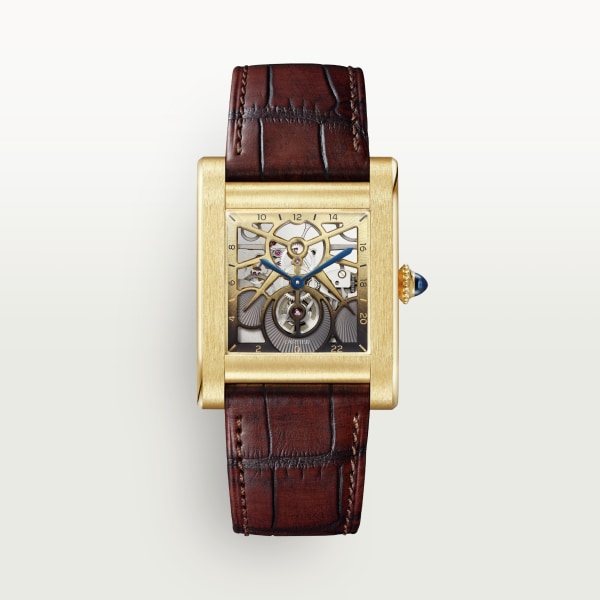Tank Normale watch Large model, hand-wound mechanical skeleton movement, yellow gold, leather