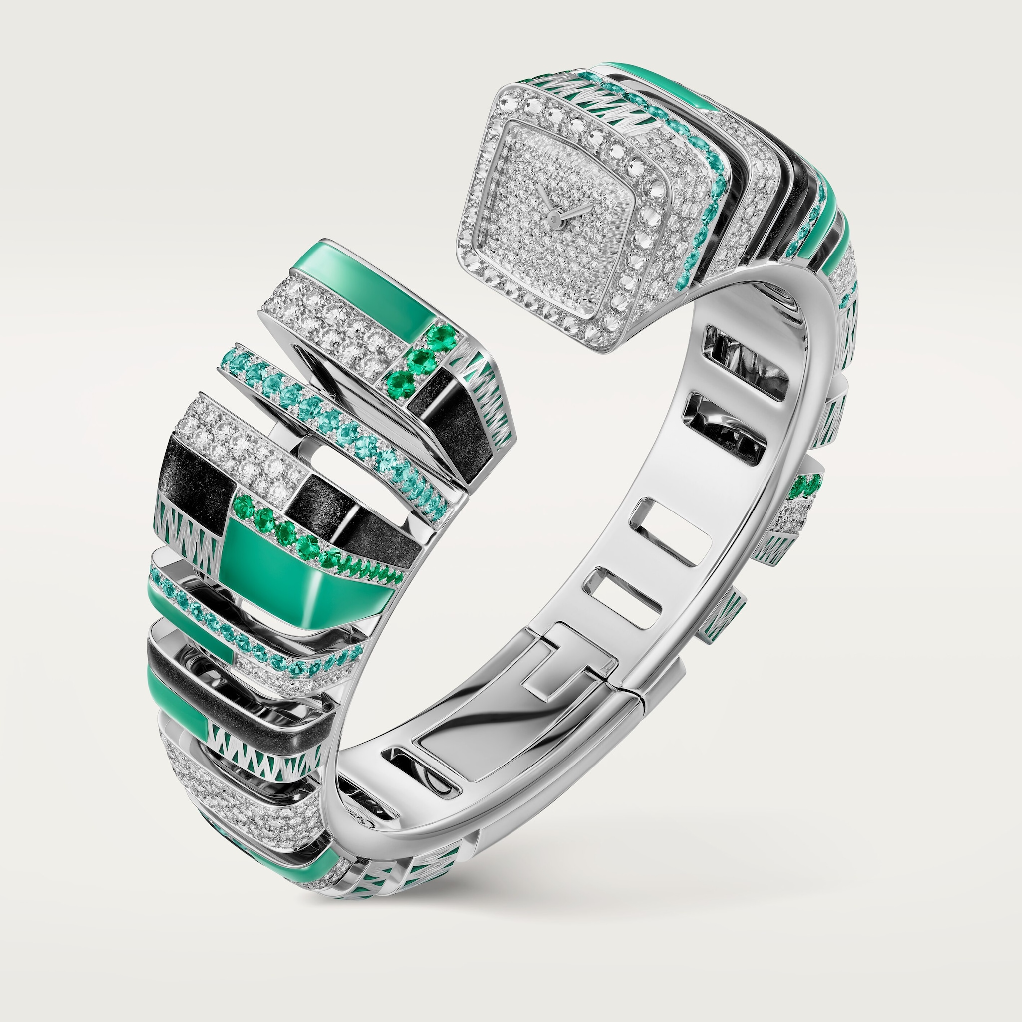 Reflection de Cartier 腕錶石英機芯，白色黃金，鑽石，綠玉髓，黑曜石，祖母綠，帕拉伊巴碧璽