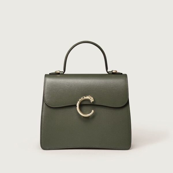 手袋，小型款，Panthère C 綠茶色粒面小牛皮，金色飾面