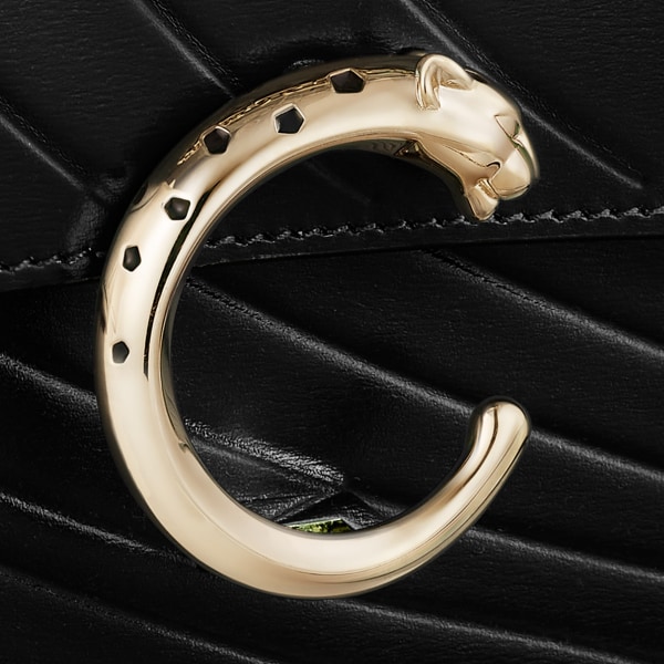 鏈帶手袋，小型款，Panthère de Cartier 黑色小牛皮，壓印 Cartier 標誌圖案，金色飾面 