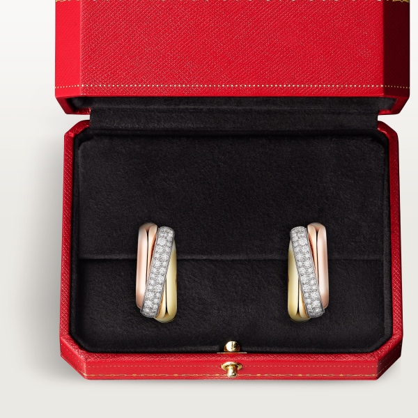Trinity cushion earrings, semi-paved White gold, yellow gold, rose gold, diamonds