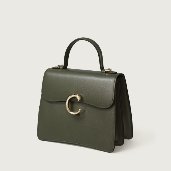 手袋，小型款，Panthère C 綠茶色粒面小牛皮，金色飾面