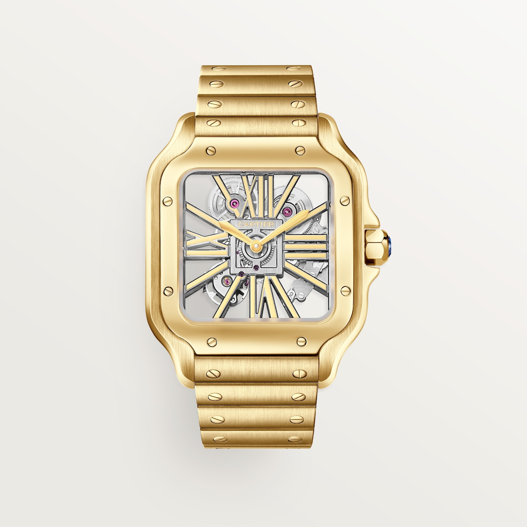 Santos-Dumont 腕錶大型款，手動上鏈鏤空機械機芯，黃金，可更換式金屬錶鏈及皮革錶帶