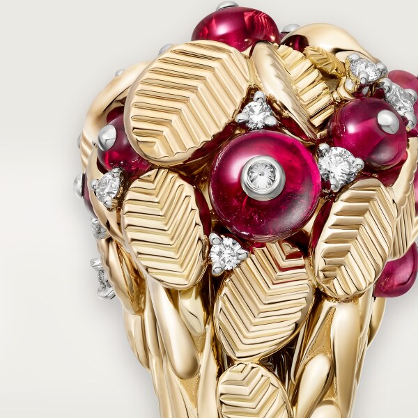 Grain de Café ring, rubellite, semi-paved Yellow gold, platinum, rubellites, diamonds