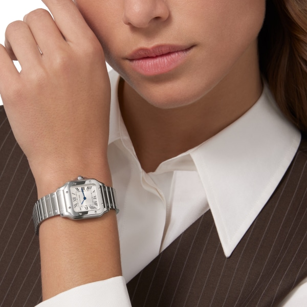 Santos de Cartier 腕錶 小型款，石英機芯，精鋼，可更換式金屬錶鏈及皮革錶帶