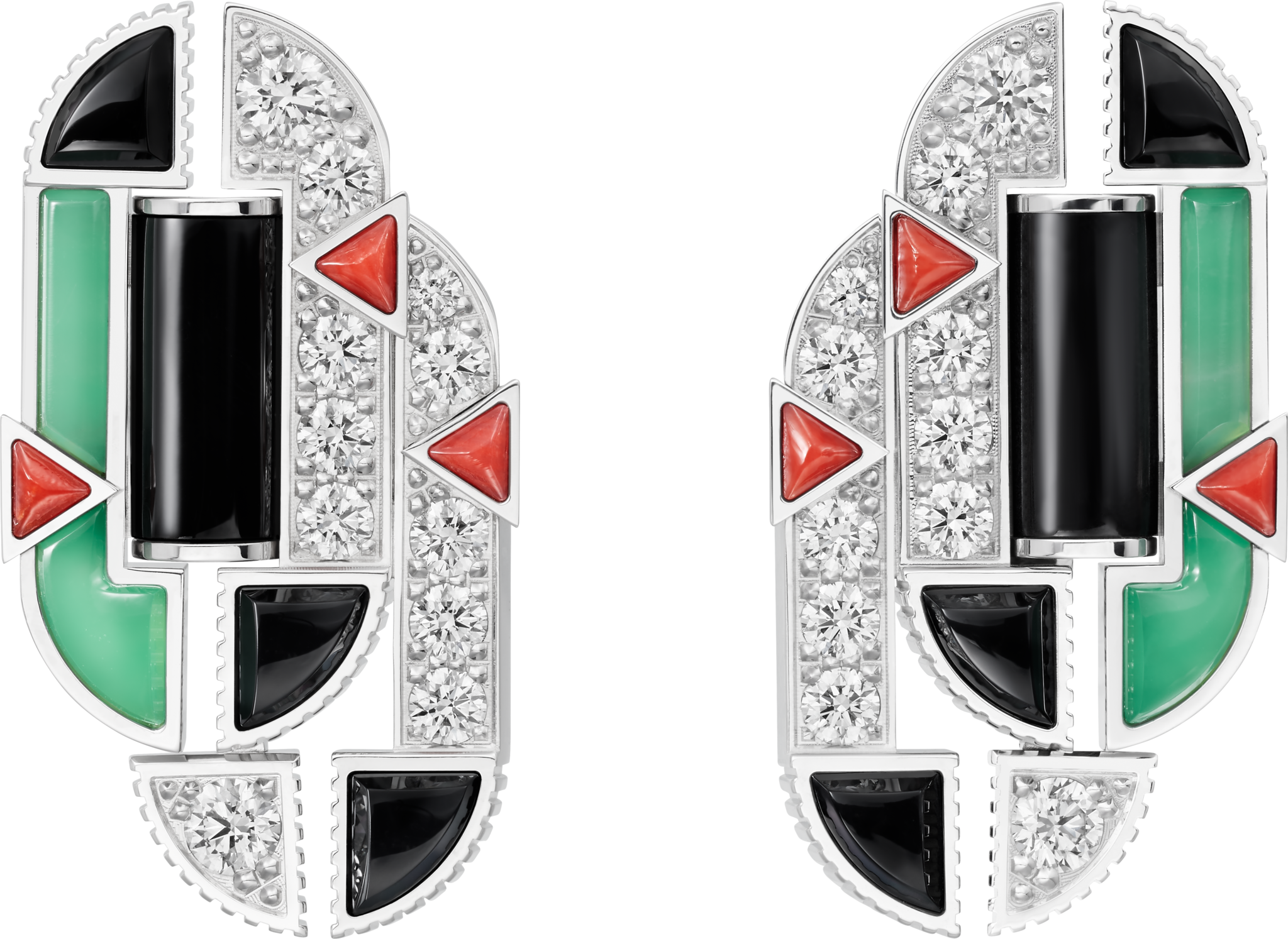 Géométrie & Contrastes earrings, chrysoprase, pavedWhite gold, chrysoprase, onyx, coral, diamonds