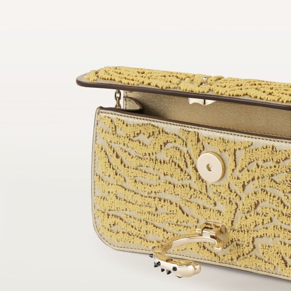 手袋，迷你款，Panthère C 金色金屬亮面小牛皮及簇飾老虎圖案刺繡