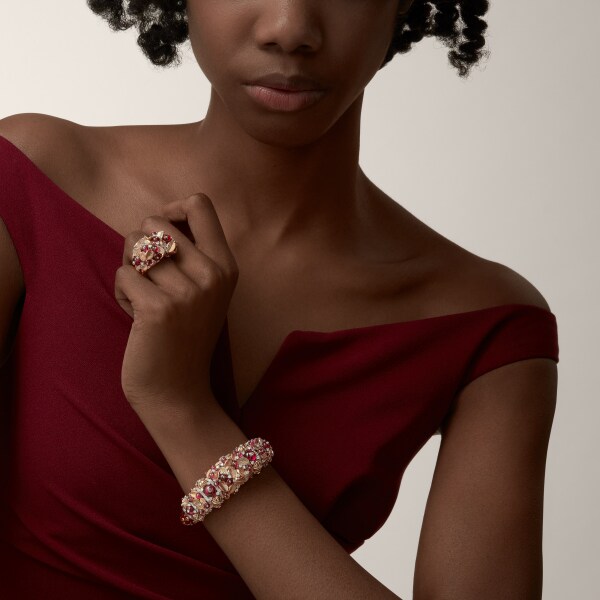 Grain de Café ring, rubellite, semi-paved Yellow gold, platinum, rubellites, diamonds