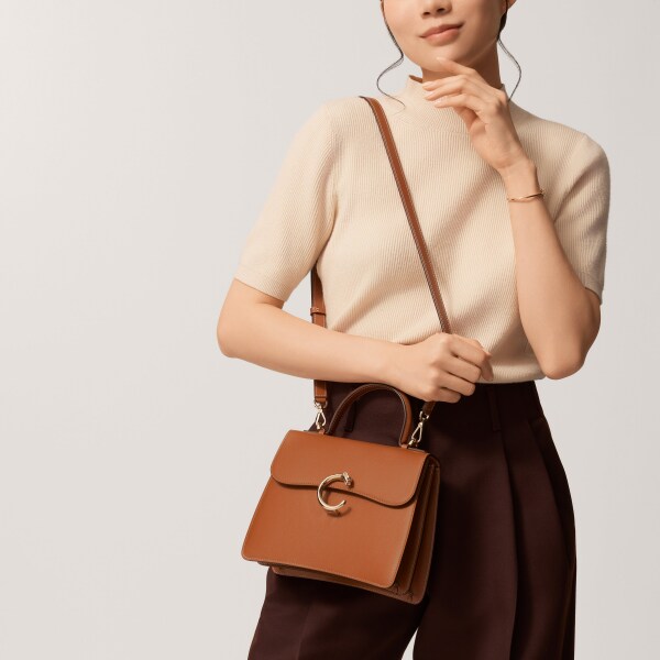 手袋，小型款，Panthère C 焦糖色小牛皮，金色飾面