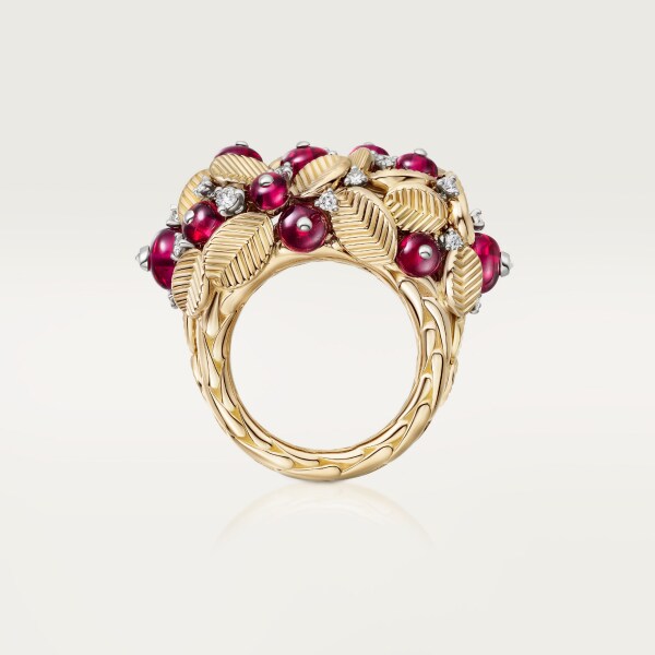 Grain de Café ring, rubellite, semi-paved Yellow gold, platinum, rubellites, diamonds