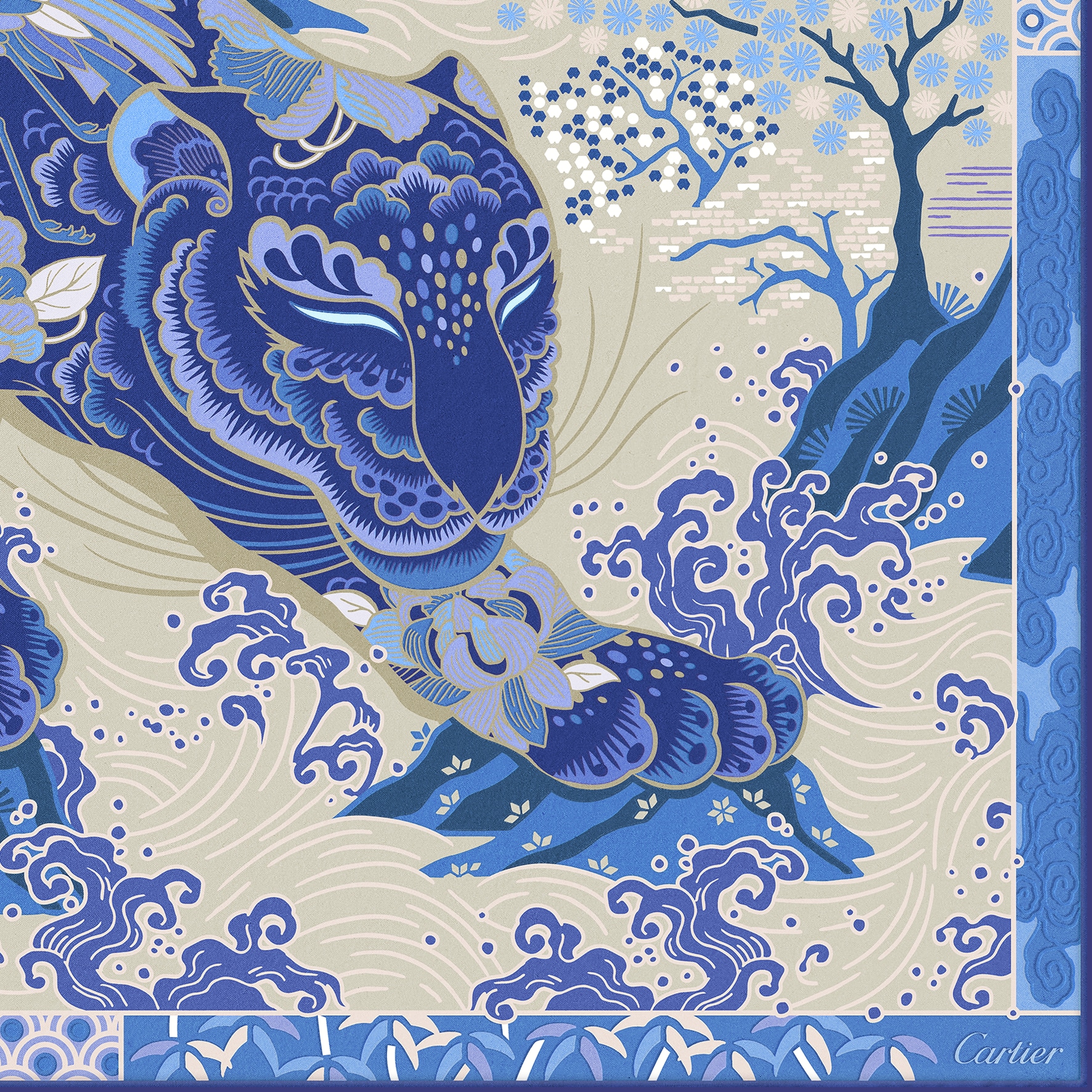 美洲豹圖案方巾藍色及米色斜紋真絲