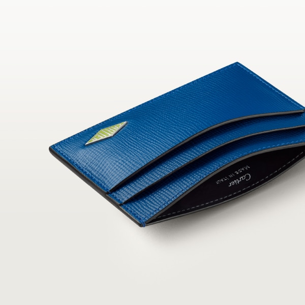 雙面卡片夾，Cartier Losange 海洋藍色粒面小牛皮，鍍鈀飾面及青檸綠色琺瑯