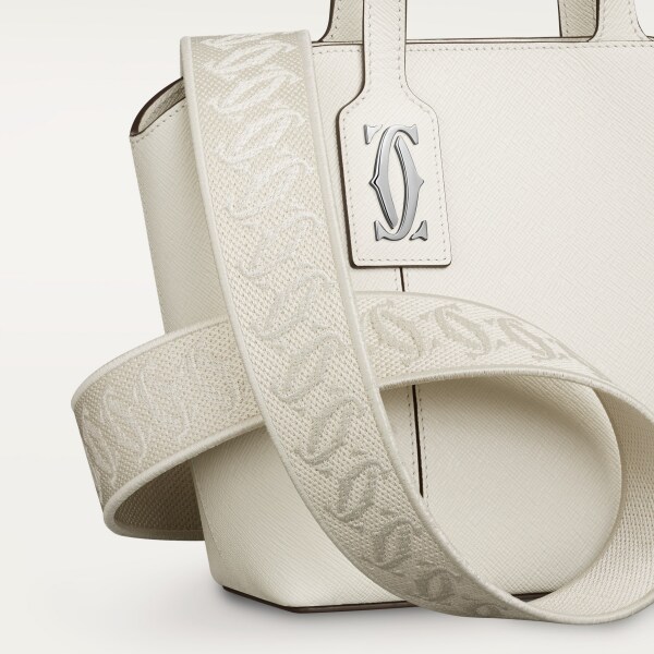 Mini tote bag, C de Cartier Salt white textured calfskin, embroidery, palladium finish