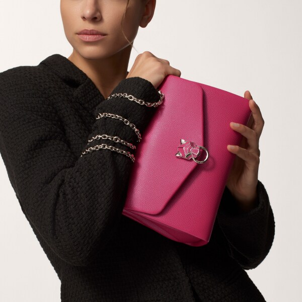 手袋，小型款，Panthère Graphique 紅莓色小牛皮，金色飾面