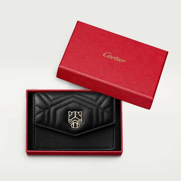 拉鏈名片夾，Panthère de Cartier 黑色襯墊小牛皮，金色飾面 