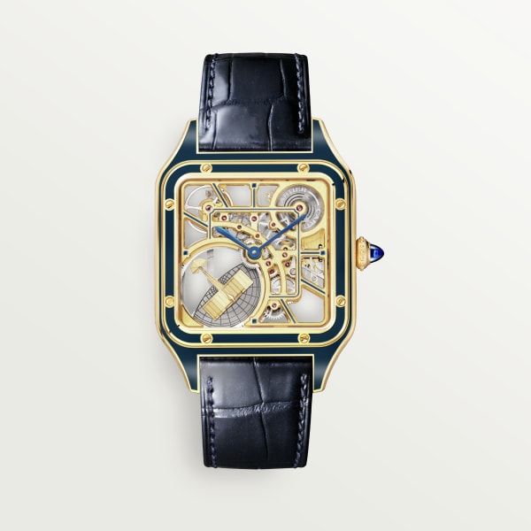 Santos-Dumont skeleton watch Large model, automatic mechanical skeleton movement, yellow gold, leather