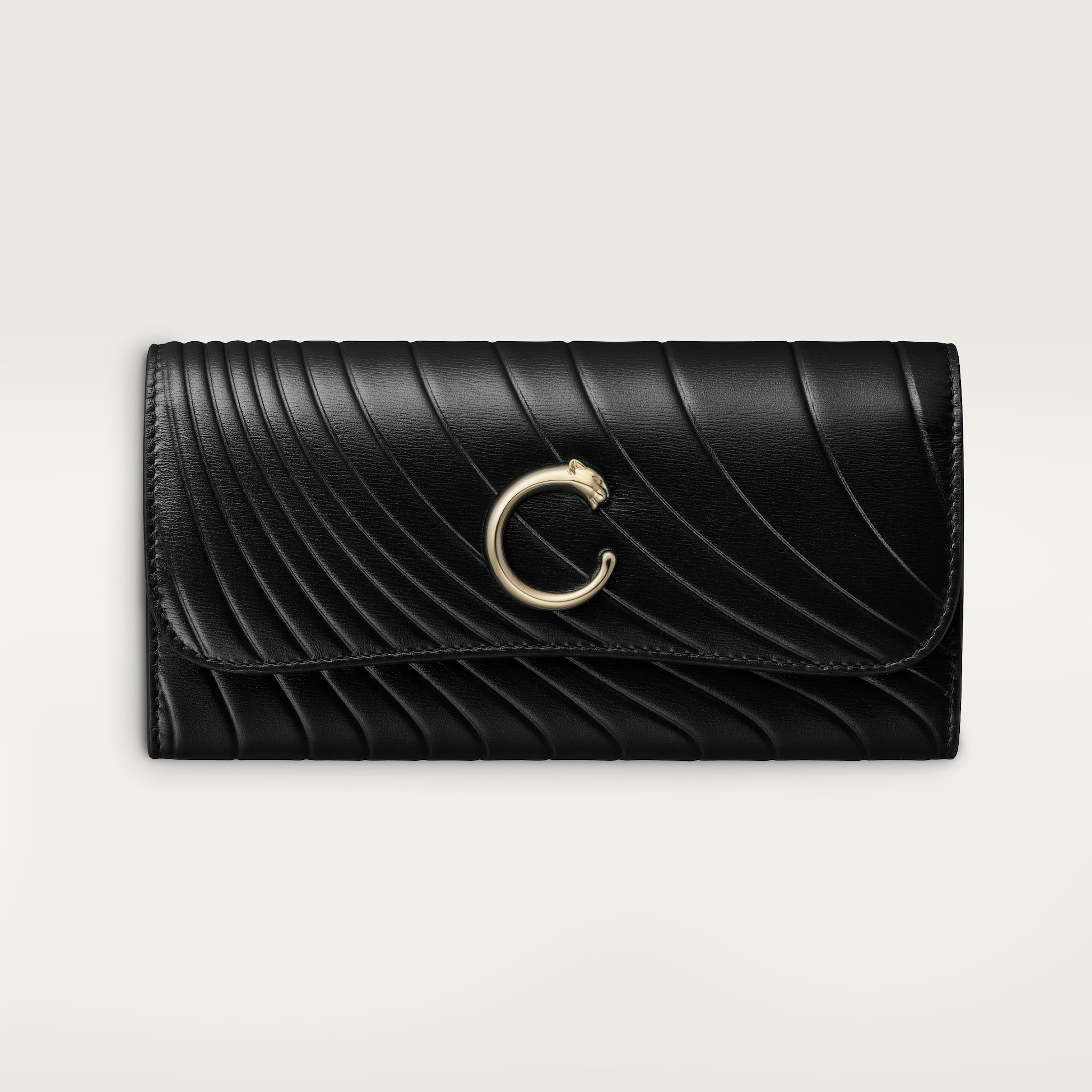 International wallet with flap, Panthère de CartierBlack calfskin with embossed Cartier signature motif, golden finish