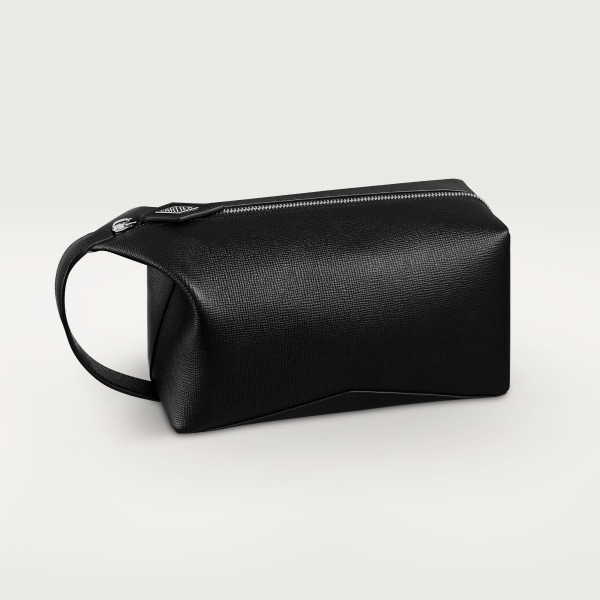 化妝袋，小型款，Cartier Losange 黑色粒面小牛皮，鍍鈀飾面及琺瑯