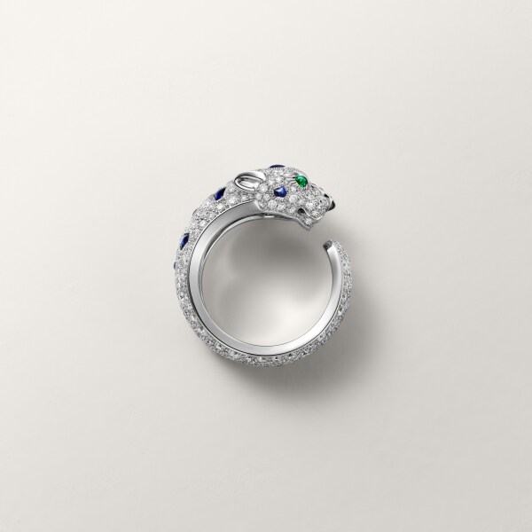 Panthère de Cartier ring White gold, emeralds, sapphires, diamonds