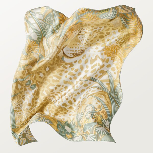 絲巾，90厘米，Panther in the Jungle 灰綠色及含羞草黃色斜紋真絲