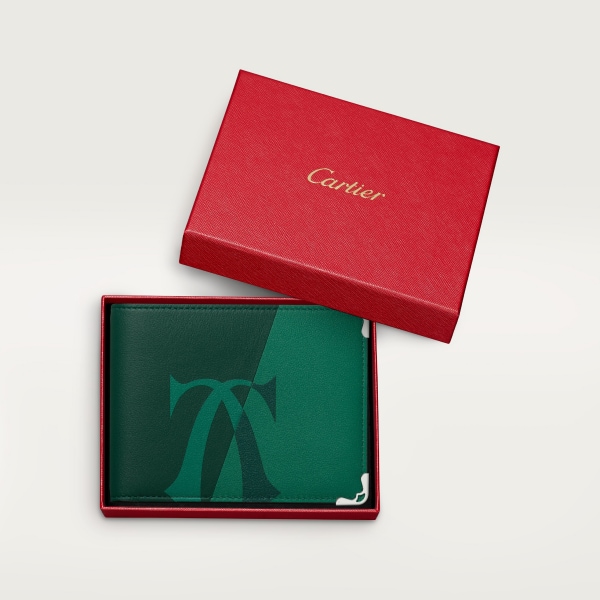 小型銀包，可容納6張信用卡，Must de Cartier XL 標誌光滑綠色小牛皮，鍍鈀飾面