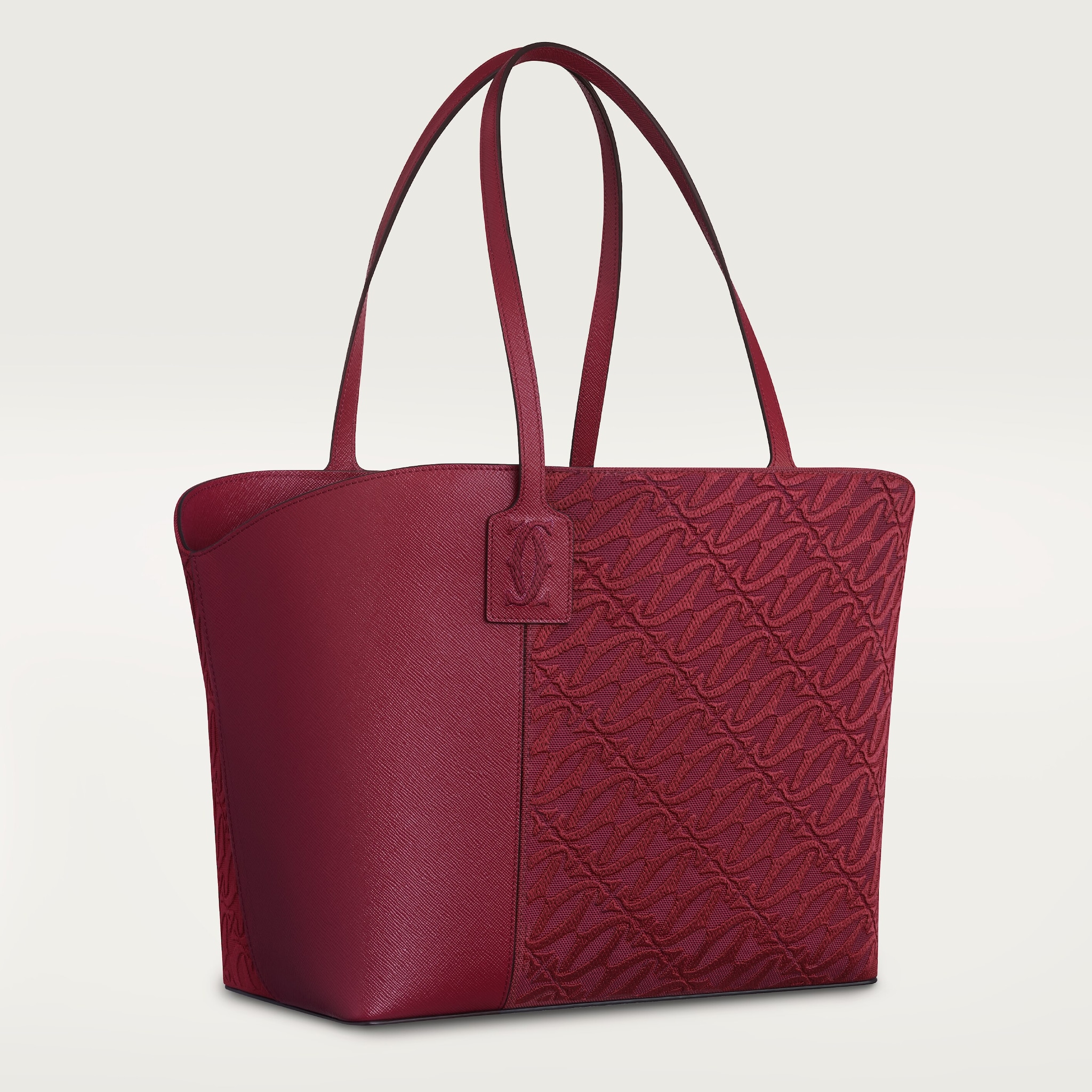 手提袋，C de Cartier櫻桃紅色紋理質感小牛皮及刺繡，金色飾面