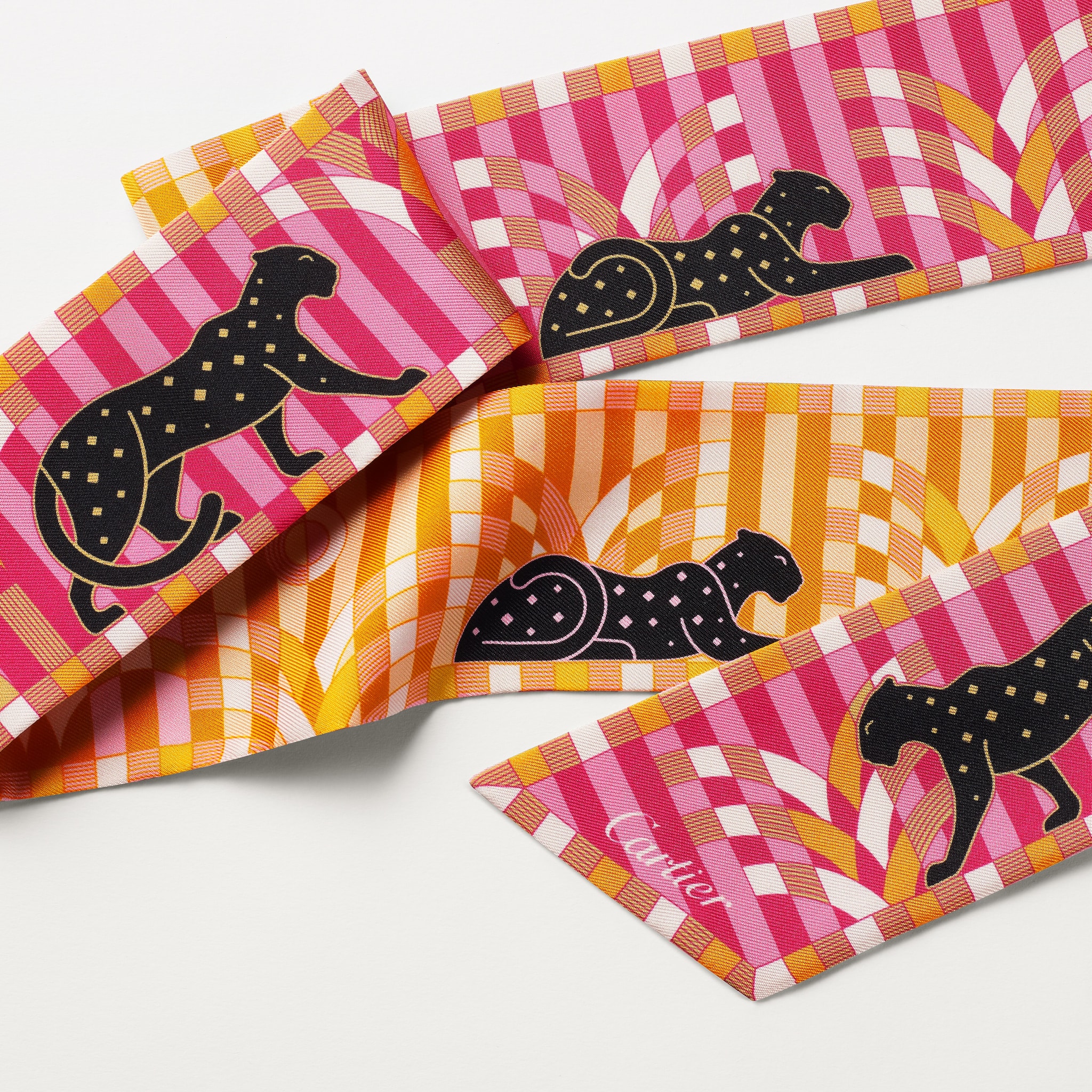 美洲豹剪影絲巾粉紅色及黃色斜紋真絲