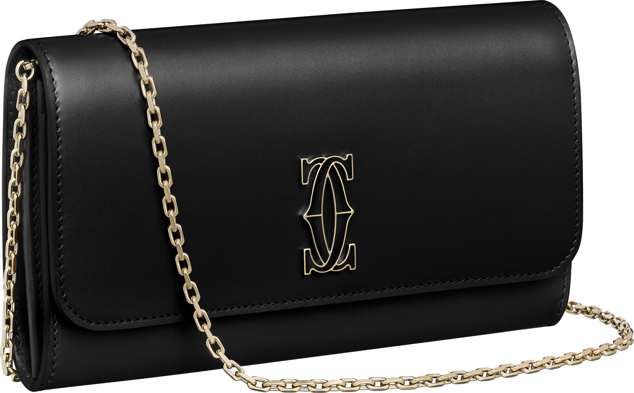 Chain wallet, C de CartierBlack calfskin, golden finish and black enamel