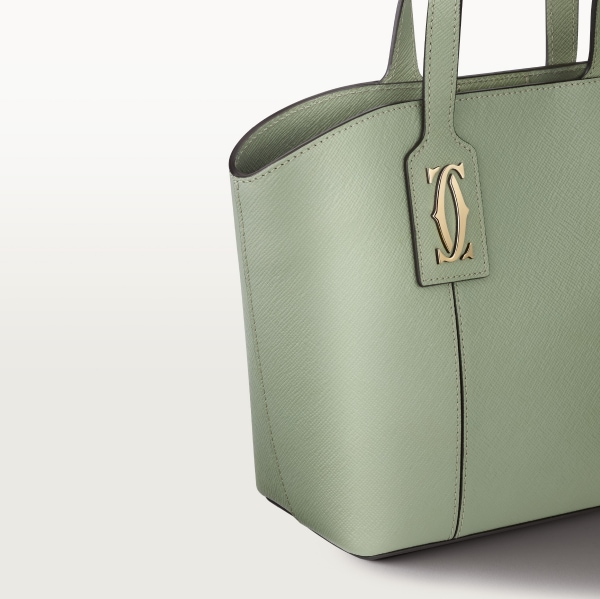 手提袋，迷你款，C de Cartier 灰綠色紋理質感小牛皮，刺繡，金色飾面